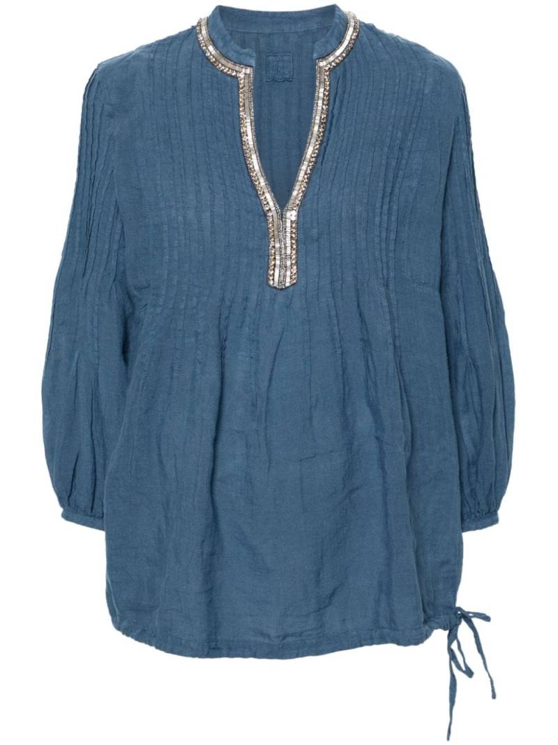 120% Lino split-neck linen blouse - Blue von 120% Lino