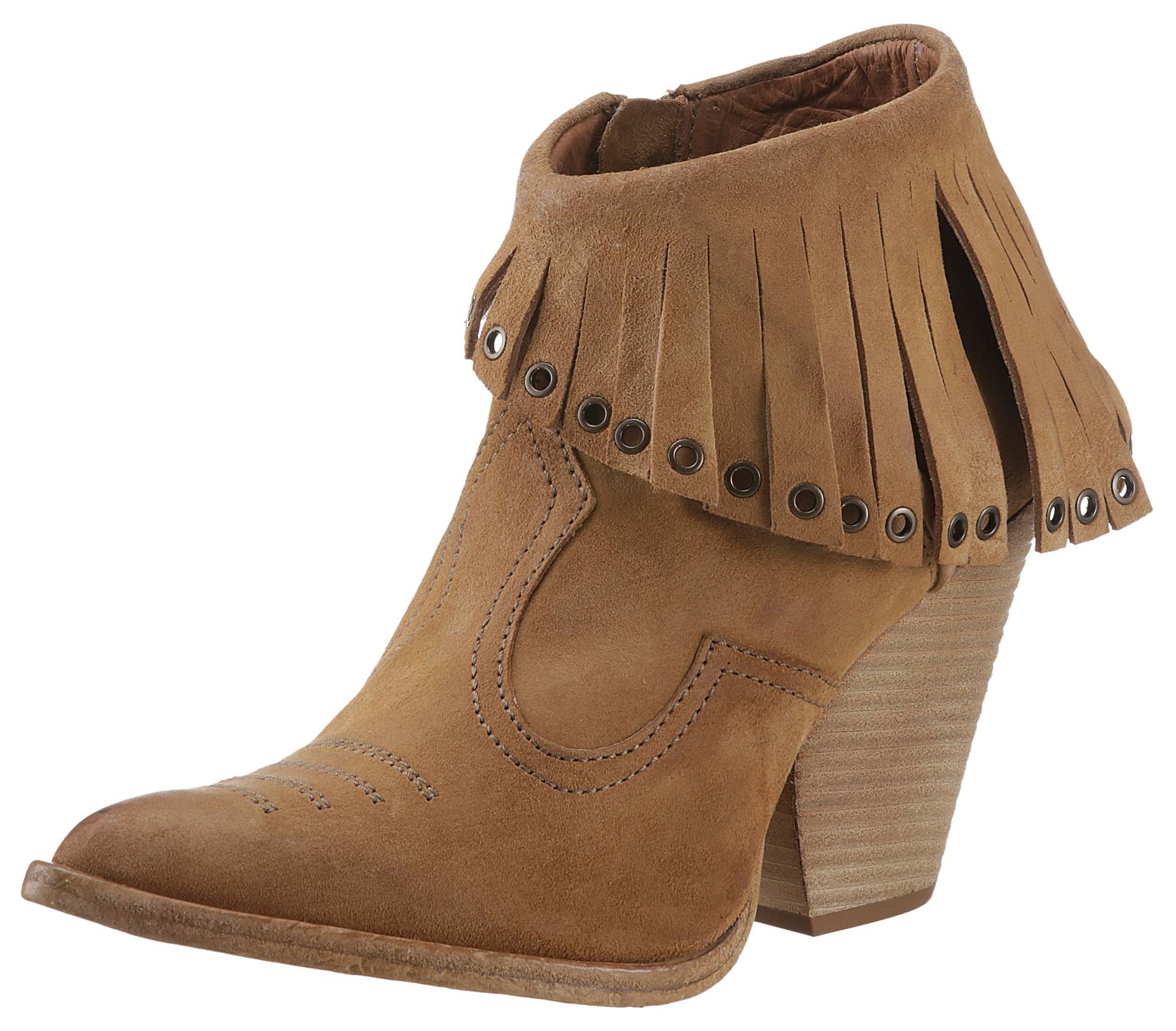 A.S.98 High-Heel-Stiefelette »Belive«, Abendmode, High-Heel-Stiefelette, Ankleboots mit Fransen und Nieten