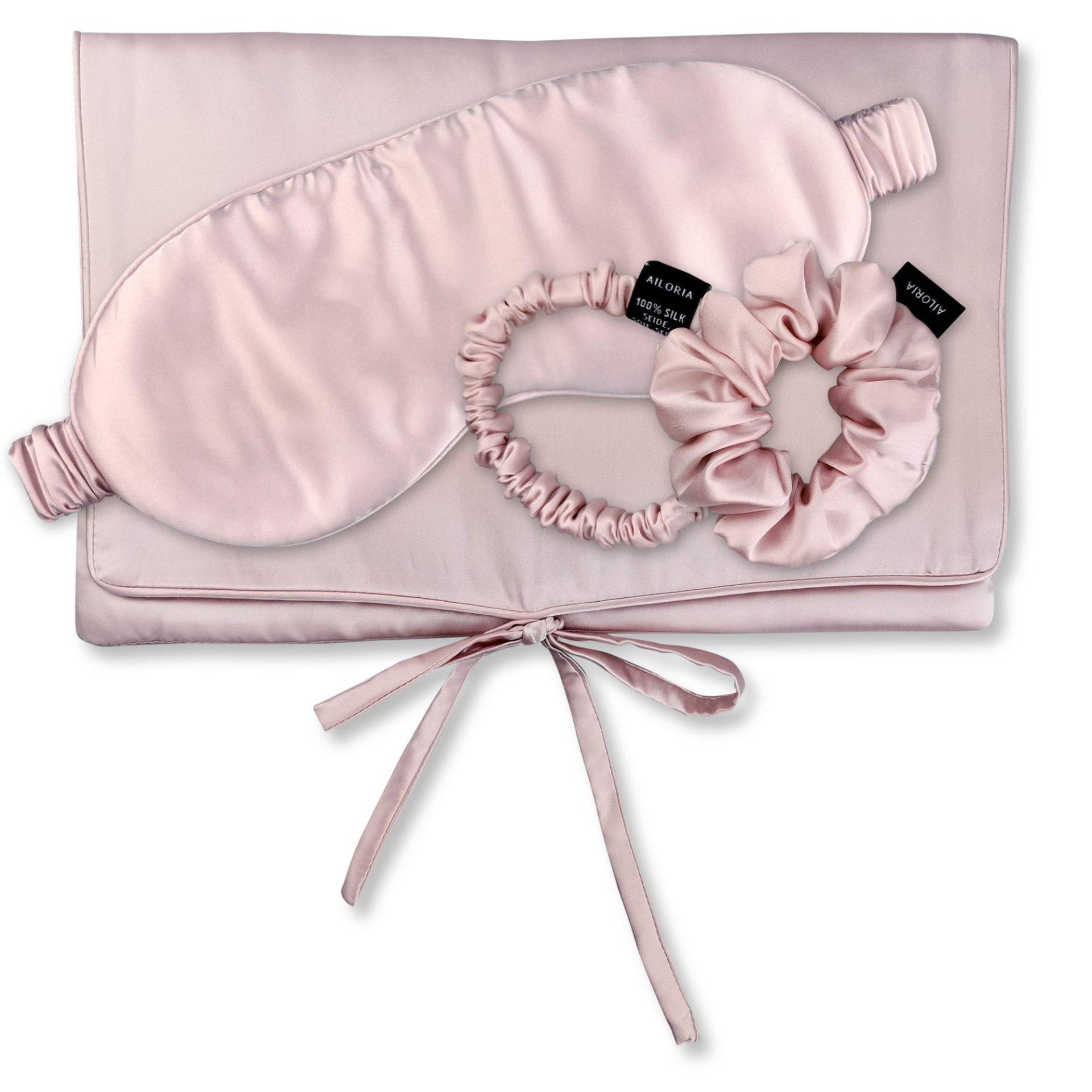 Travel Set Hair Tasche, Schlafmaske, Scrunchie S & Scrunchie M Aus Seide Damen rosa ONE SIZE von AILORIA