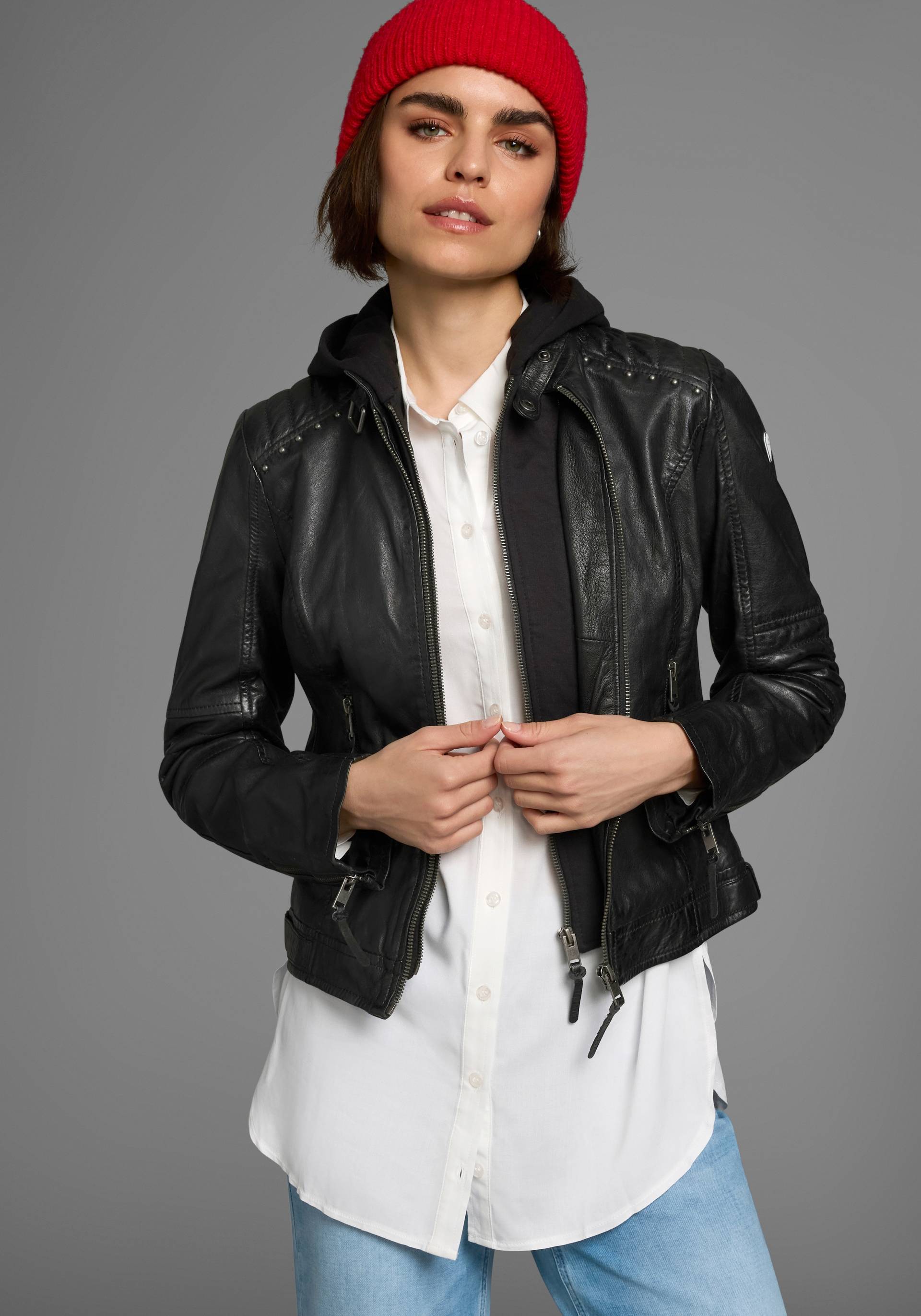 ALPENBLITZ Lederjacke »Lissabon«, mit Kapuze, für Sommer und Übergangszeit, aus Lammnappaleder, stylisch ALPENBLITZ Lederjacke »Lissabon«, mit Kapuze, für Sommer und Übergangszeit, aus Lammnappaleder, stylisch von ALPENBLITZ