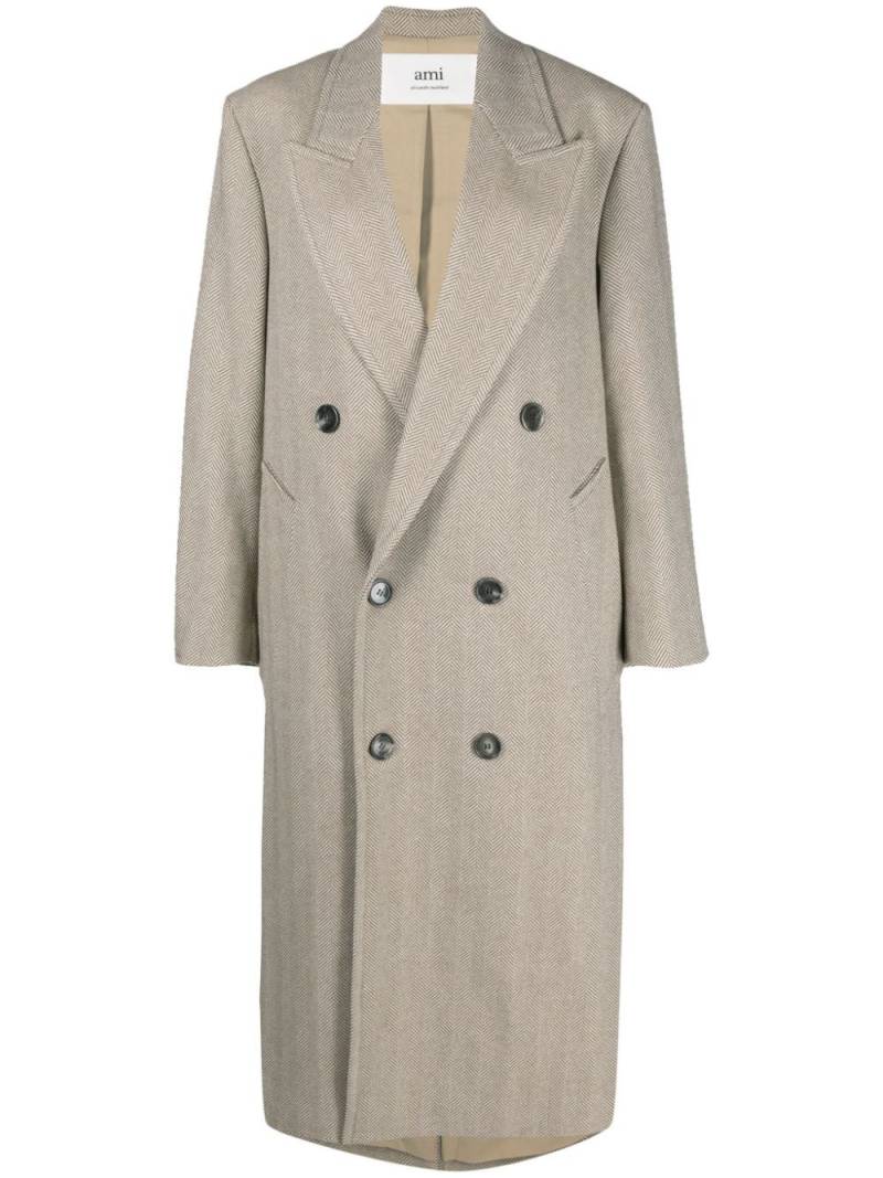 AMI Paris double-breasted herringboned long coat - Neutrals von AMI Paris