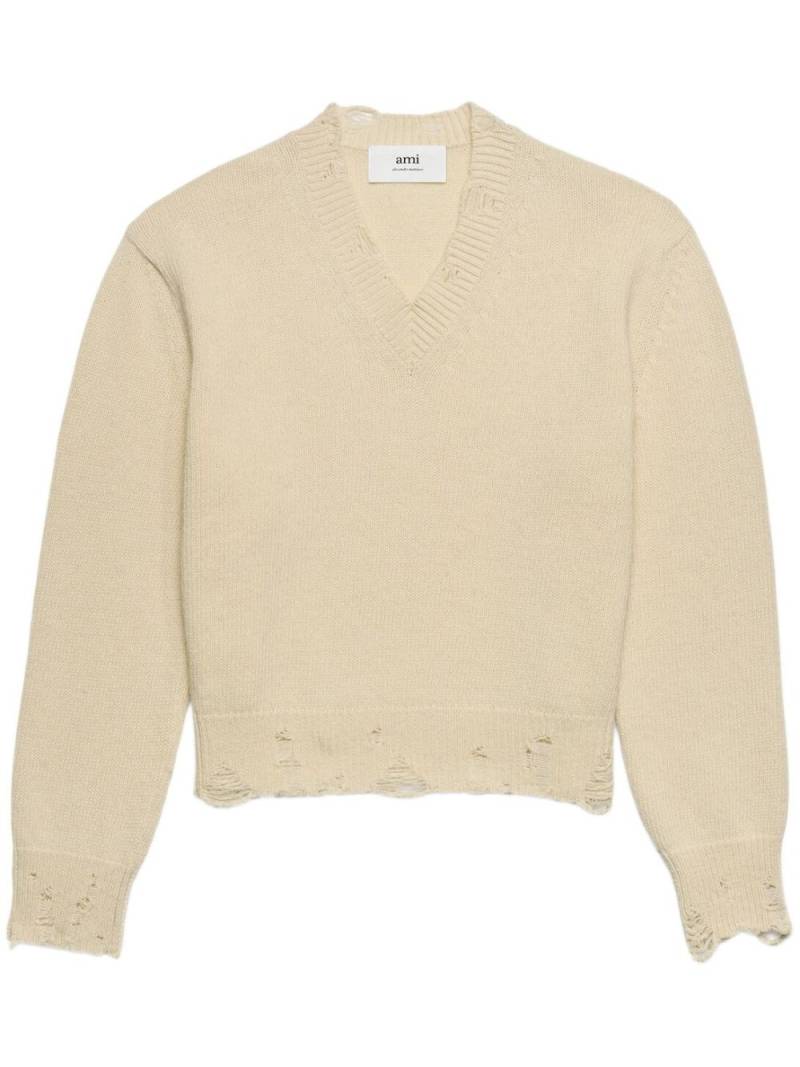 AMI Paris ripped V-neck jumper - Neutrals von AMI Paris