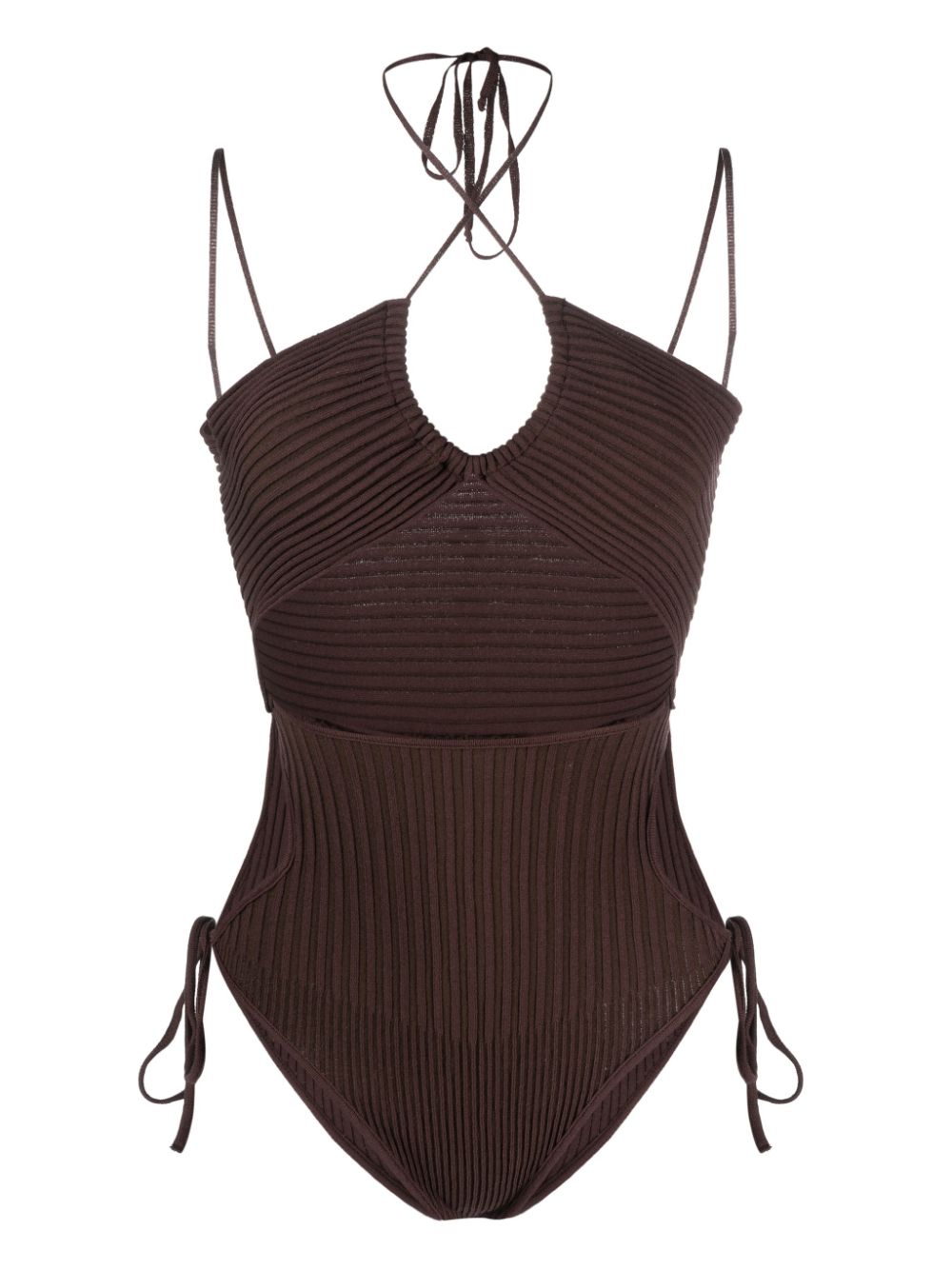 ANDREĀDAMO halterneck-fastening ribbed-knit bodysuit - Brown von ANDREĀDAMO