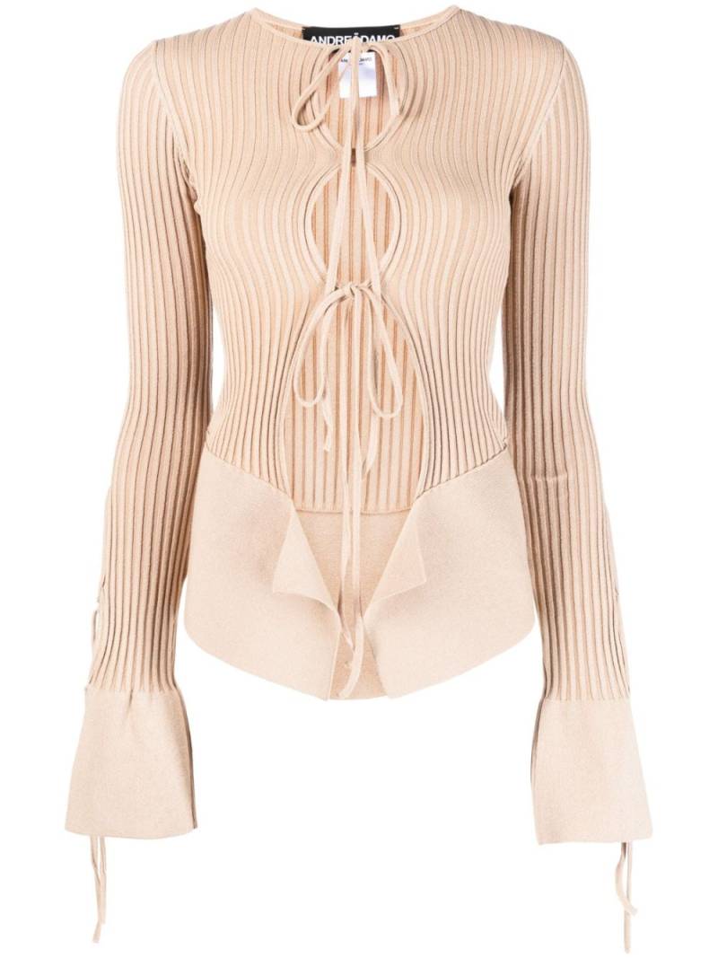 ANDREĀDAMO tie-fastening long-sleeve knitted top - Neutrals von ANDREĀDAMO