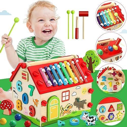 Activity-board - Holzsteckhaus Xylophon Kinderspielzeug ab 1 Jahr Hammerspiel Holzspielzeug Sortierspiel, One Size, Multicolor von Activity-board