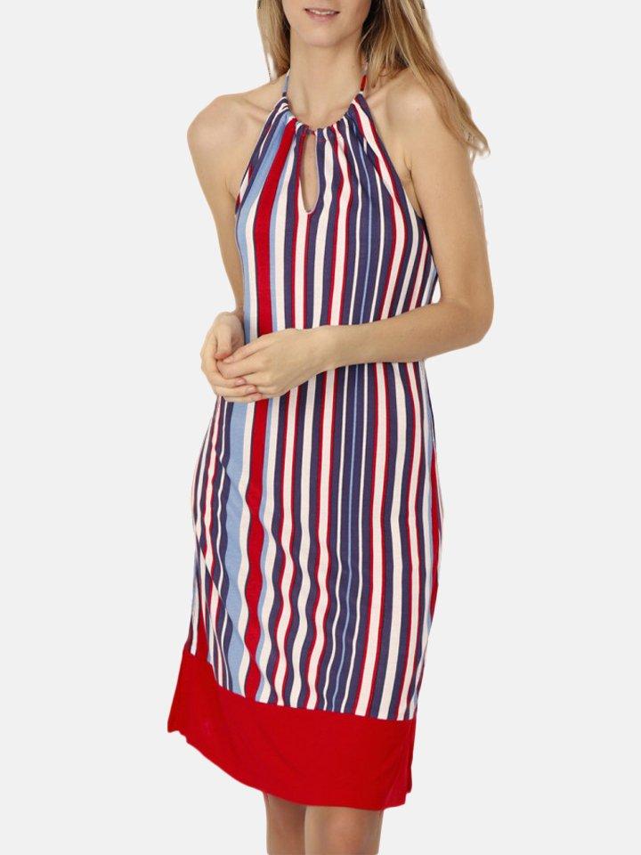 Elegant Gestreifteses Rückenfreies Sommerkleid Damen Rot Bunt XL von Admas