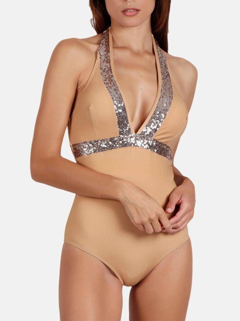 Admas - 1-teiliger Badeanzug vorgeformt rückenfrei Bright Sequins, für Damen, Light Beige, Größe 36 von Admas