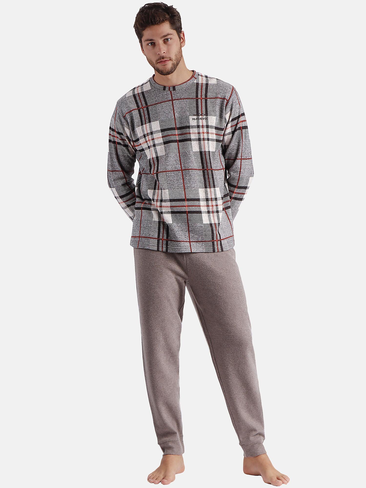 Admas - Pyjama Hausanzug Hose und Oberteil mit langen Ärmeln Tartan, für Herren, Braun, Größe L von Admas