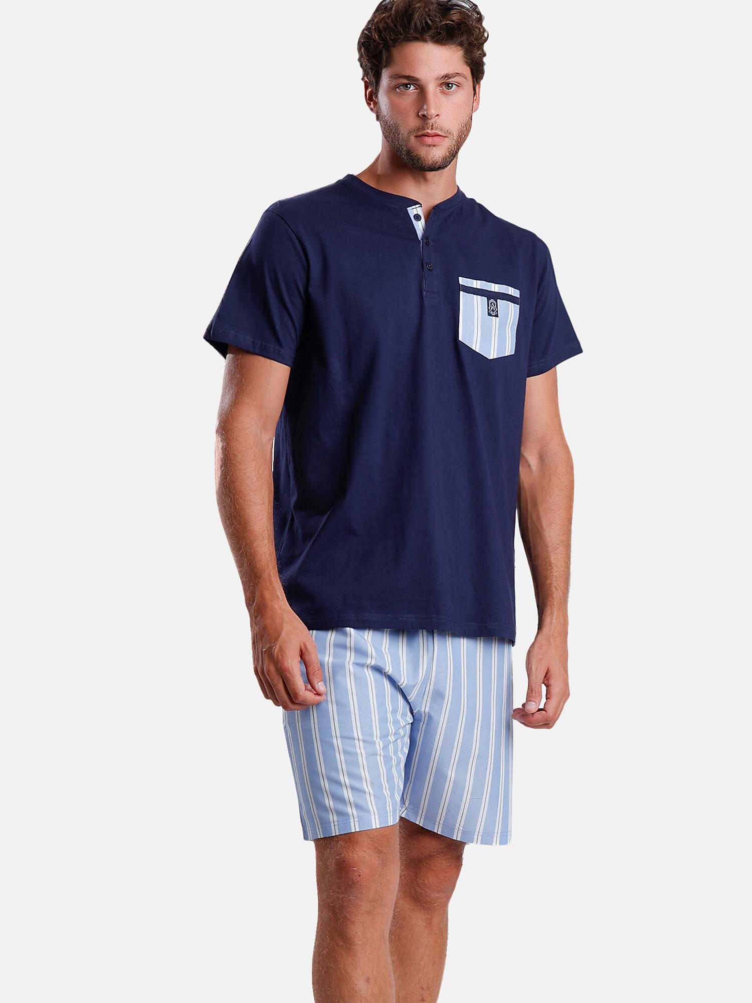 Pyjama Shorts T-shirt Stripest Herren Königsblau M von Admas