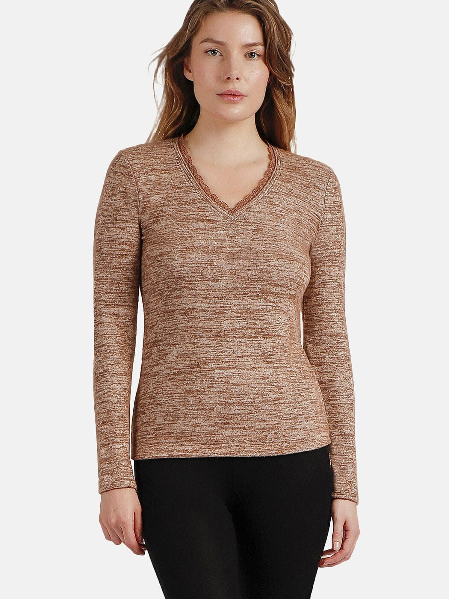 Top Mit Langen Ärmeln Und V-ausschnitt Puntilla Damen Light Beige L von Admas