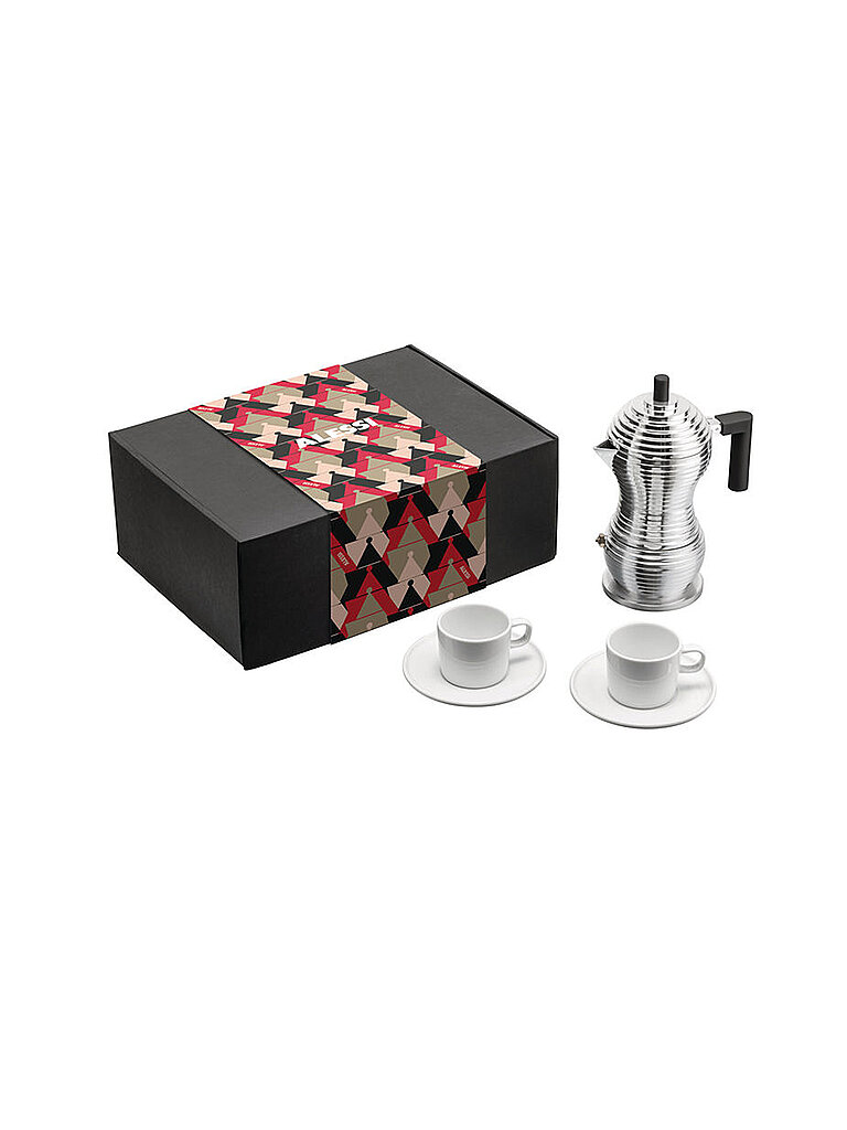 ALESSI Espressomaschine - Set mit Tassen 3-tlg Alu / Porzellan silber von Alessi