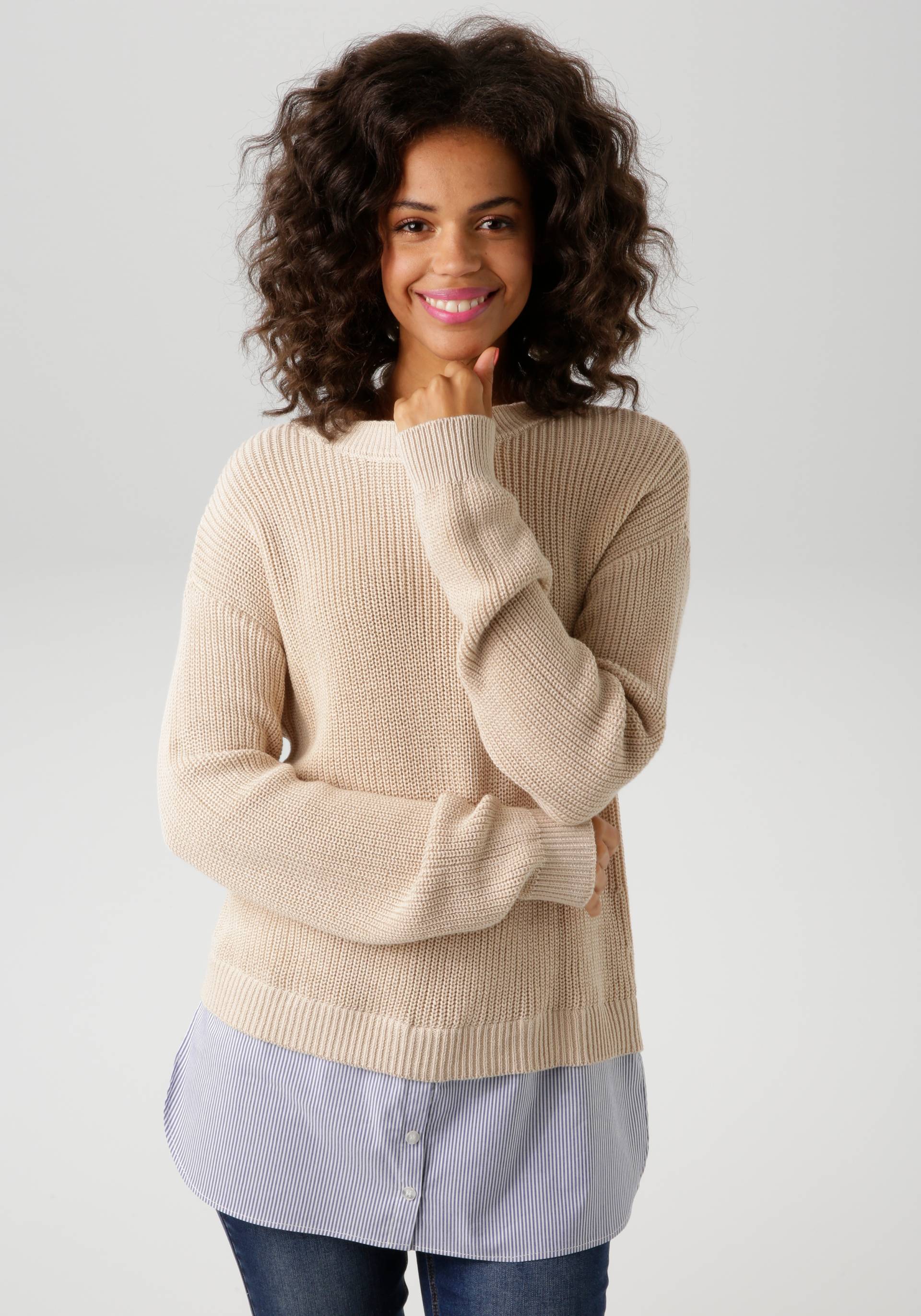 Aniston CASUAL Strickpullover, mit gestreiftem Bluseneinsatz am Saum - NEUE KOLLEKTION von Aniston CASUAL