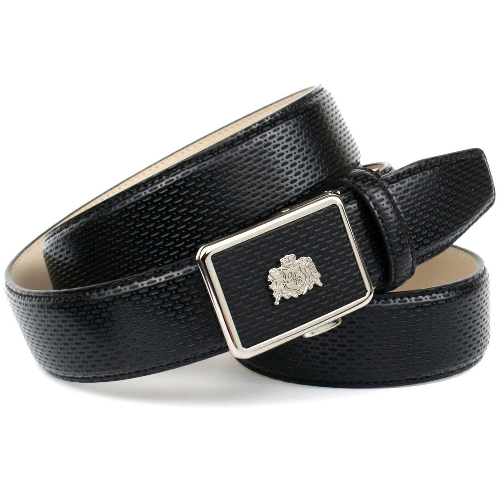 Anthoni Crown Ledergürtel, für schwarze Schuhe mit perforiertem Leder, mit kleinem Wappen von Anthoni Crown