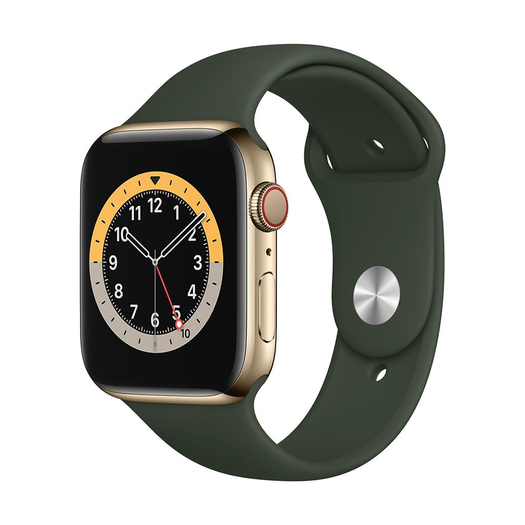 Apple Smartwatch »Serie 6, GPS Cellular, 44 mm Edelstahl-Gehäuse mit Sportarmband«, (4,4 cm / 1,91 Zoll), Watch OS, 32 GB, M09F3FD/A) von Apple