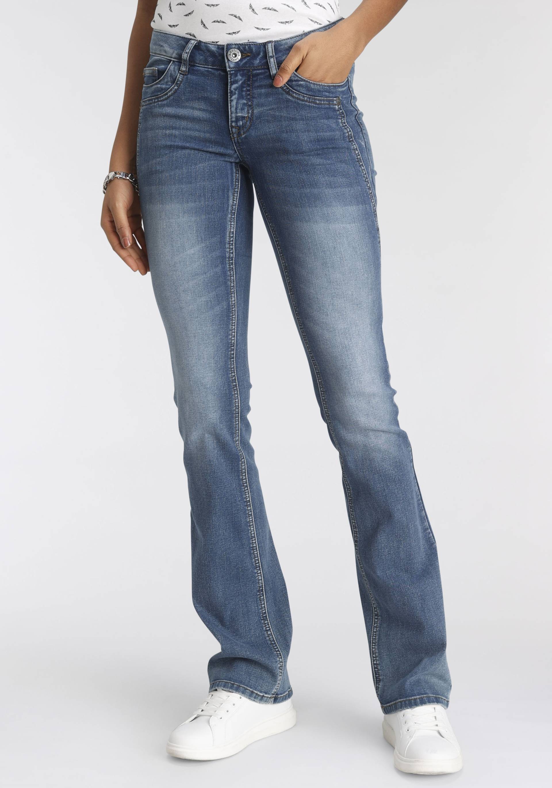 Arizona Bootcut-Jeans »mit Keileinsätzen«, ausgestellte Beinform, niedrige Leibhöhe, elastisches Material Arizona Bootcut-Jeans »mit Keileinsätzen«, ausgestellte Beinform, niedrige Leibhöhe, elastisches Material von Arizona