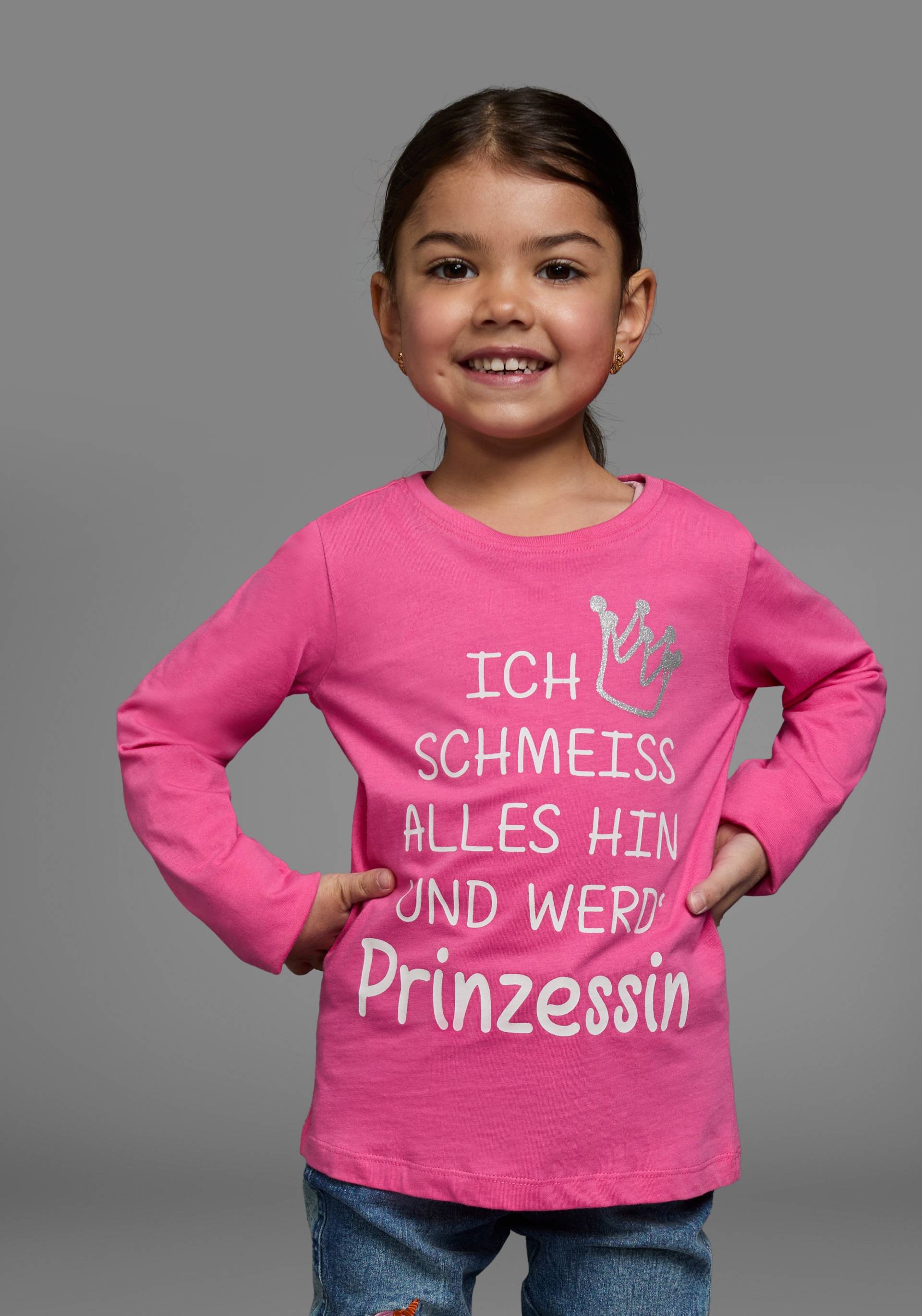 KIDSWORLD Langarmshirt »Ich schmeiss alles hin und werd´ Prinzessin«, langärmlig, Basic-Passform, mit Glitzerdruck von KIDSWORLD