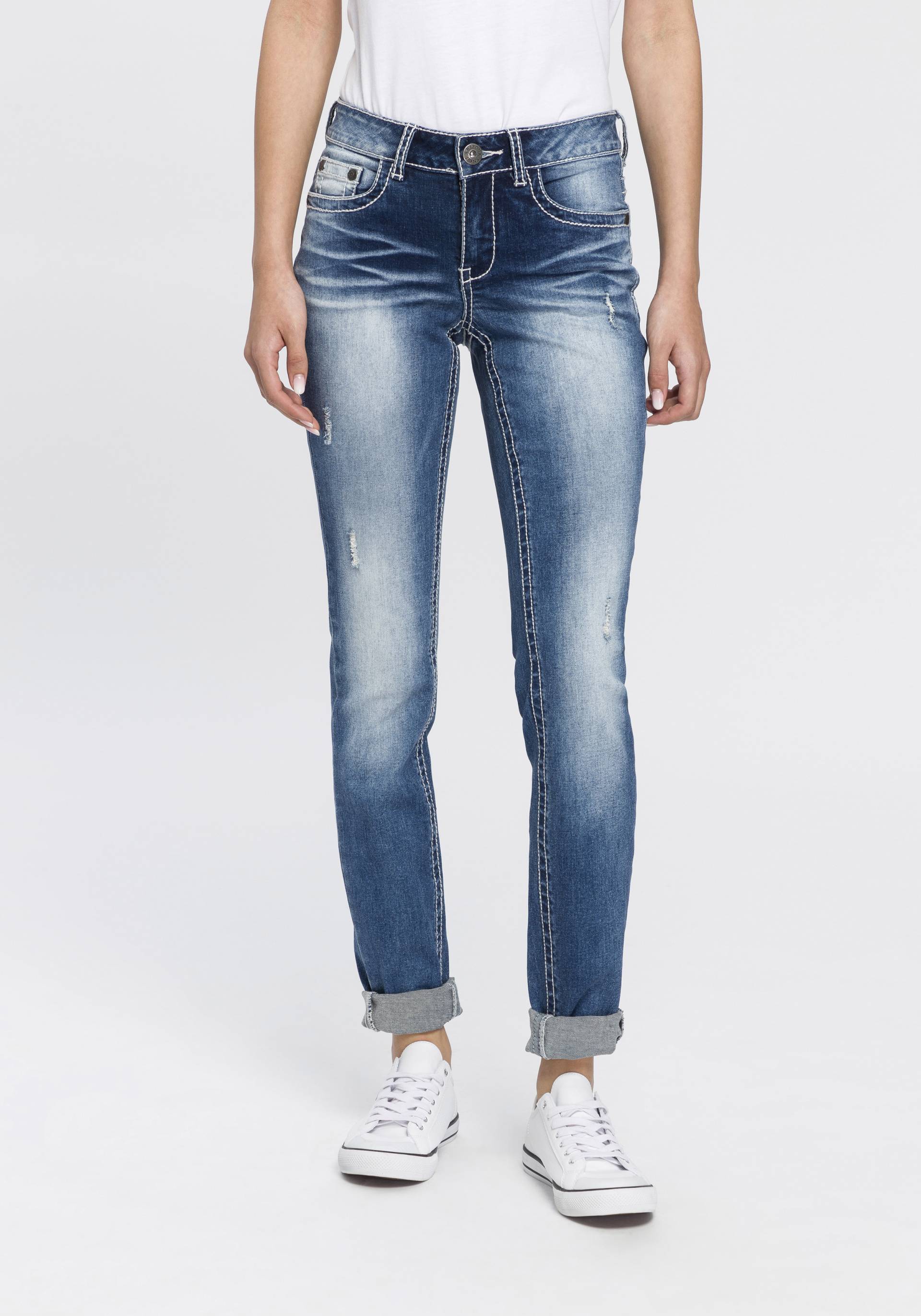 Arizona Skinny-fit-Jeans »mit Kontrastnähten und Pattentaschen«, lange Beinform, mit Destroyed-Effekten, niedrige Leibhöhe Arizona Skinny-fit-Jeans »mit Kontrastnähten und Pattentaschen«, lange Beinform, mit Destroyed-Effekten, niedrige Leibhöhe von Arizona