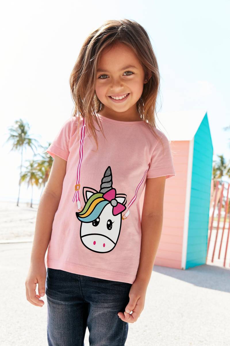 KIDSWORLD T-Shirt »für kleine Mädchen«, Kurzarm, basic geschnittene Passform, mit Glitzerdetails und Print von KIDSWORLD