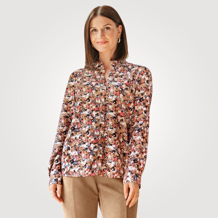 Langarmbluse Blümchen Print mit Hemdkragen, beige, XXL von Artime