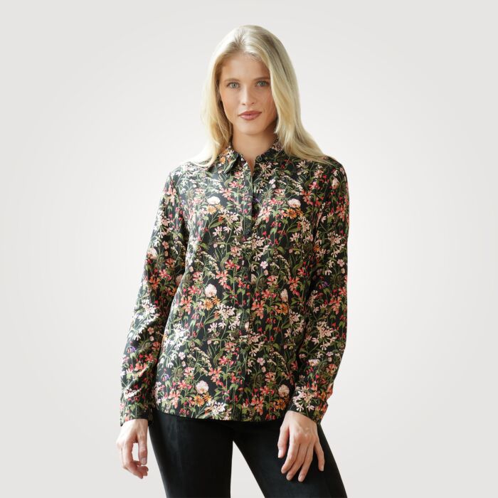 Langarmbluse florales Print mit Hemdkragen, schwarz, XL von Artime