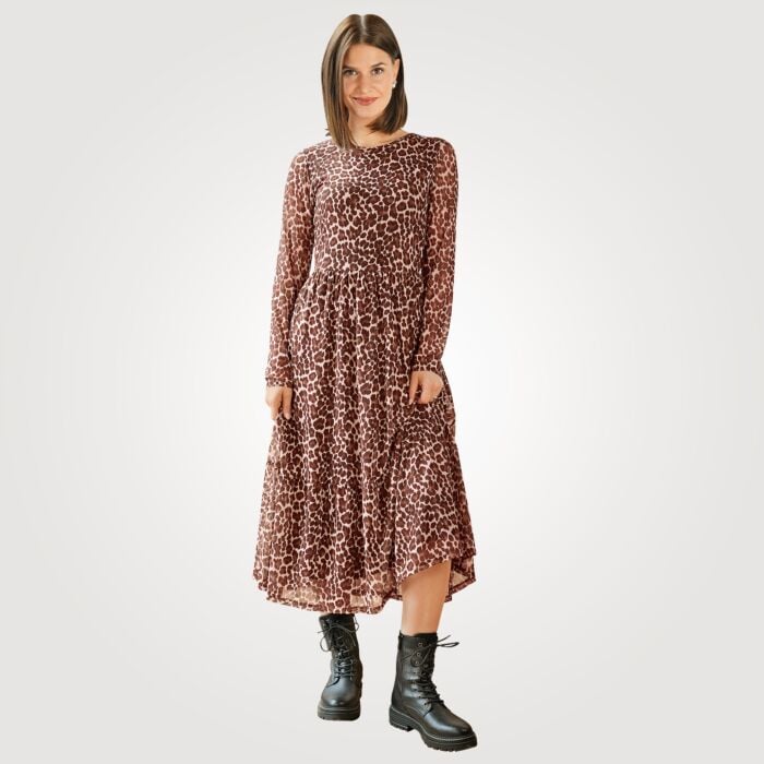 Midi Kleid langarm mit Animal Print, braun, S von Artime
