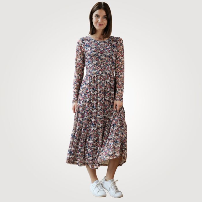 Midi Kleid langarm mit Blümchen Print, beige, S von Artime