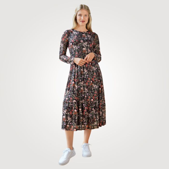 Midi Kleid langarm mit floralem Print, schwarz, XL von Artime