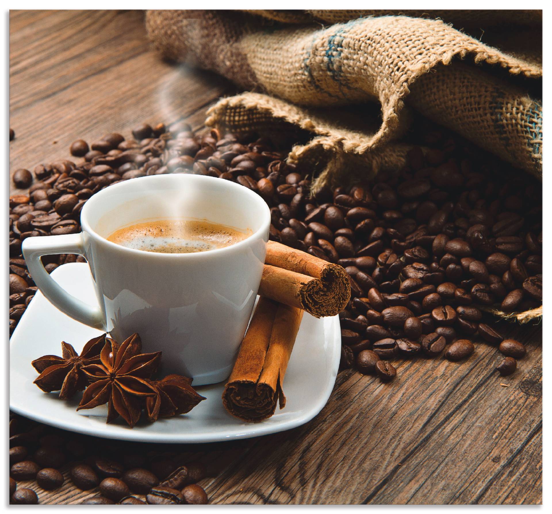 Artland Küchenrückwand »Kaffeetasse Leinensack mit Kaffeebohnen«, (1 tlg.), Alu Spritzschutz mit Klebeband, einfache Montage von Artland