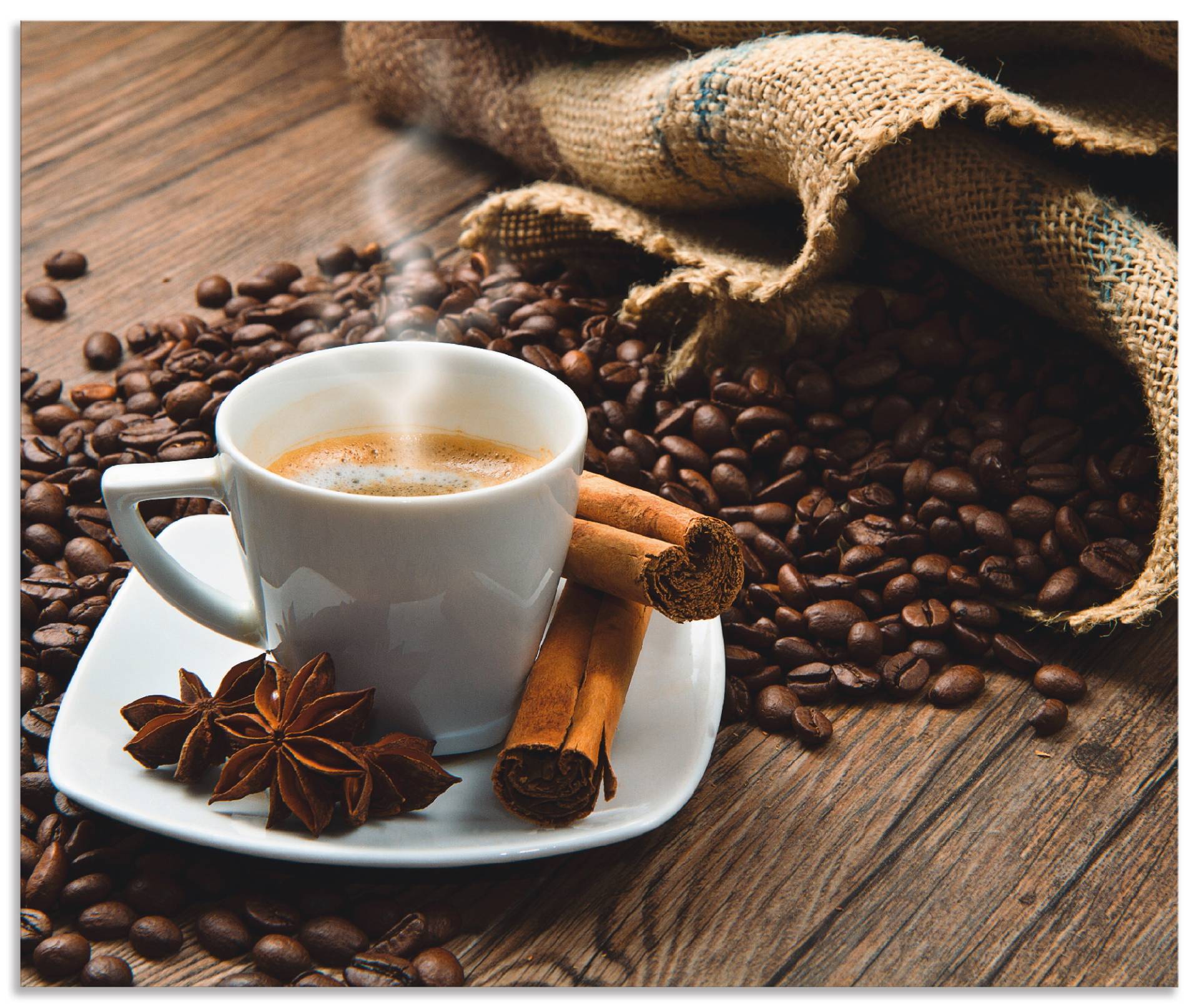 Artland Küchenrückwand »Kaffeetasse Leinensack mit Kaffeebohnen«, (1 tlg.), Alu Spritzschutz mit Klebeband, einfache Montage von Artland