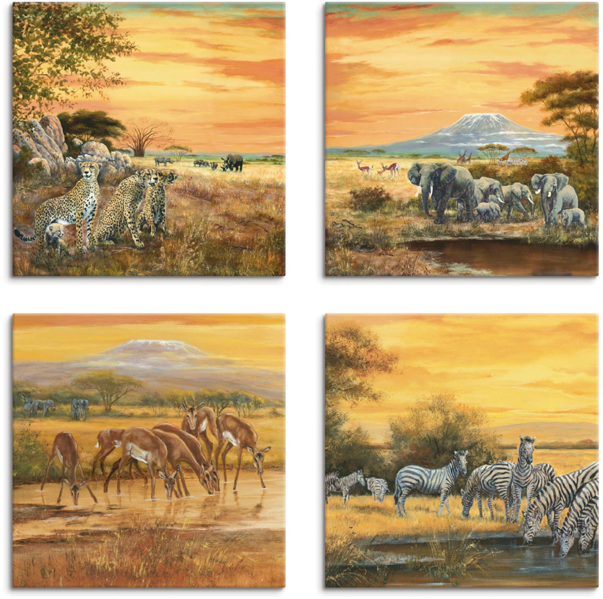 Artland Leinwandbild »Geparden Elefanten Zebras in der Steppe«, Wildtiere, (4 St.), 4er Set, verschiedene Grössen von Artland