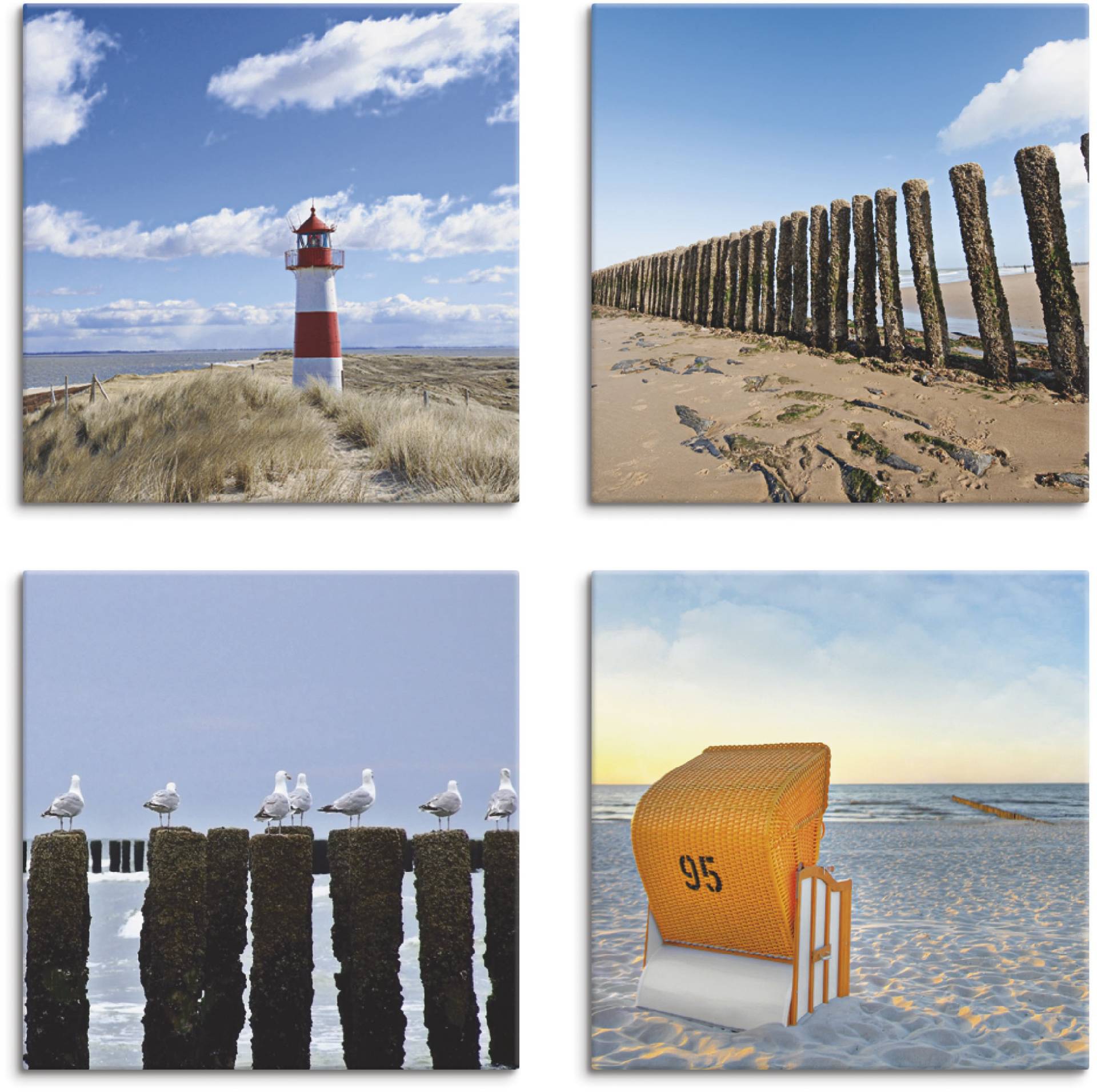 Artland Leinwandbild »Leuchtturm Sylt Strand Möven Strandkorb«, Strand, (4 St.), 4er Set, verschiedene Grössen von Artland