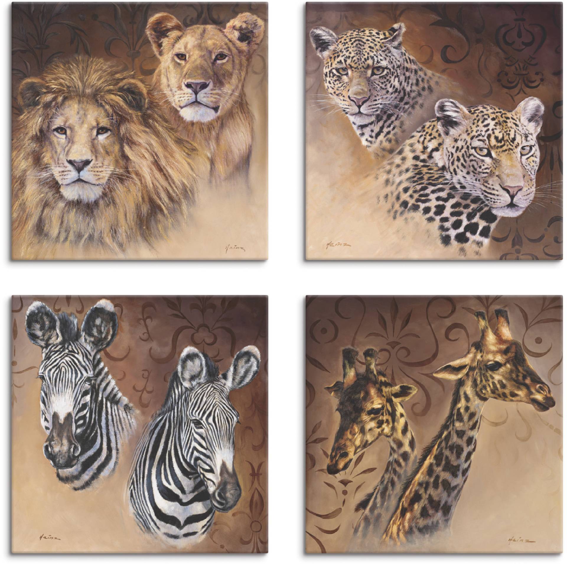 Artland Leinwandbild »Löwen Leoparden Zebra Giraffen«, Wildtiere, (4 St.), 4er Set, verschiedene Grössen von Artland