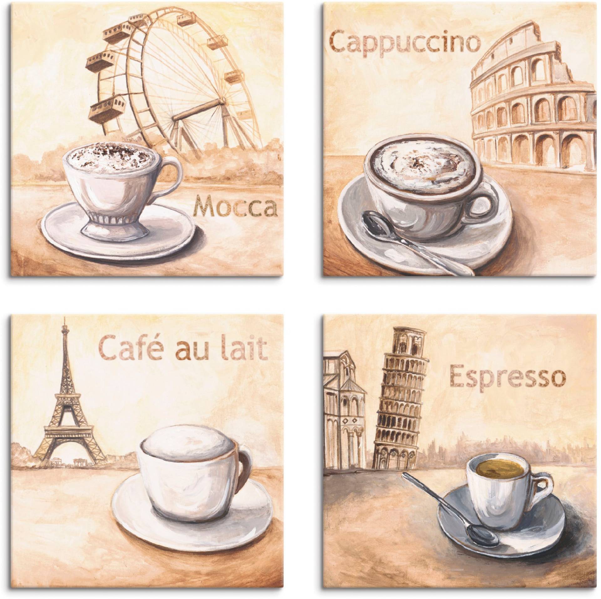 Artland Leinwandbild »Mocca Cappuccino Café au lait Espresso«, Getränke, (4 St.), 4er Set, verschiedene Grössen von Artland