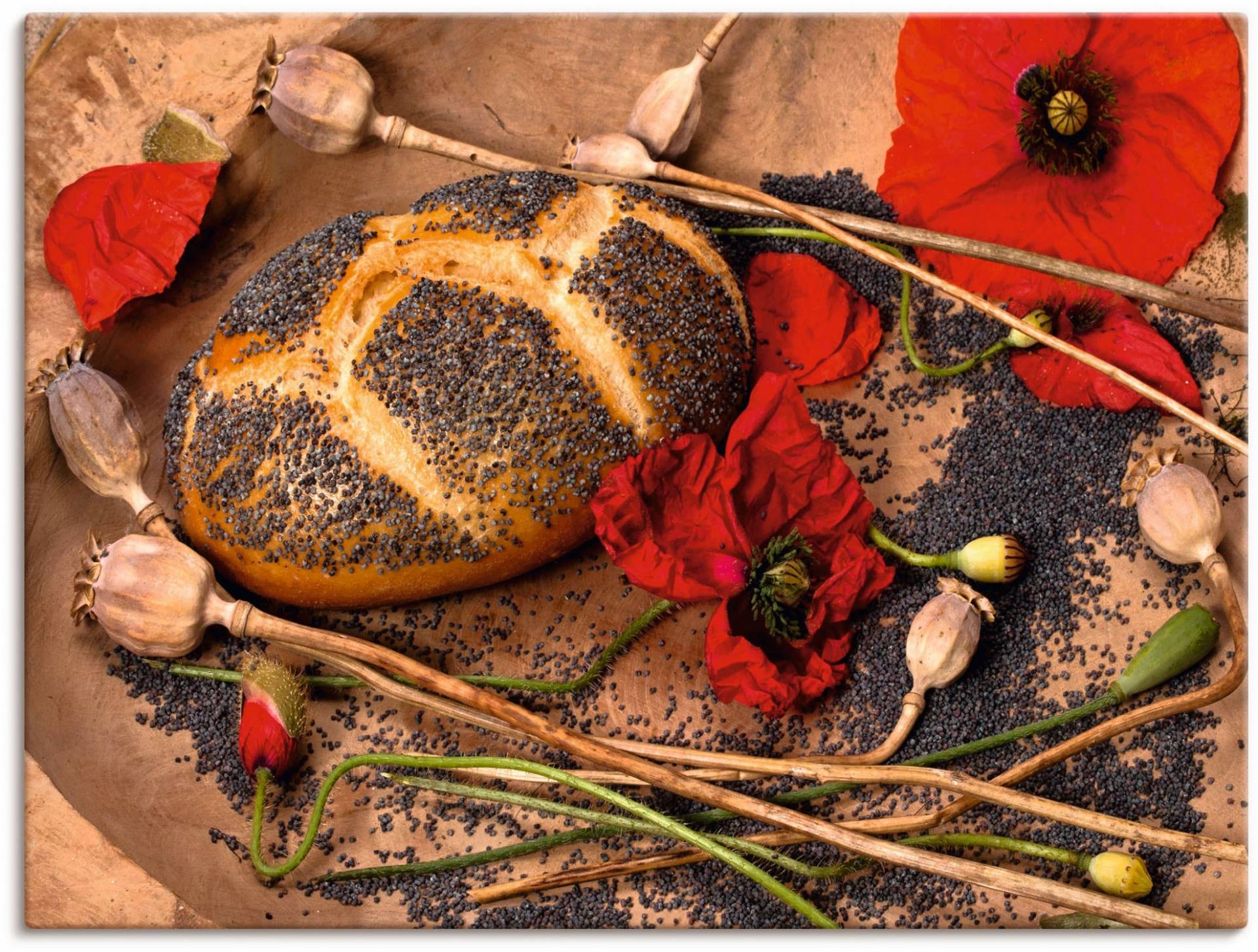 Artland Leinwandbild »Mohnbrot mit Mohnblumen dekoriert«, Getreide, (1 St.), auf Keilrahmen gespannt von Artland