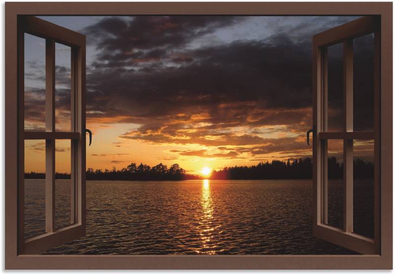 Artland Leinwandbild »Sonnenuntergang am See, braunes Fenster«, Seebilder, (1 St.), auf Keilrahmen gespannt von Artland