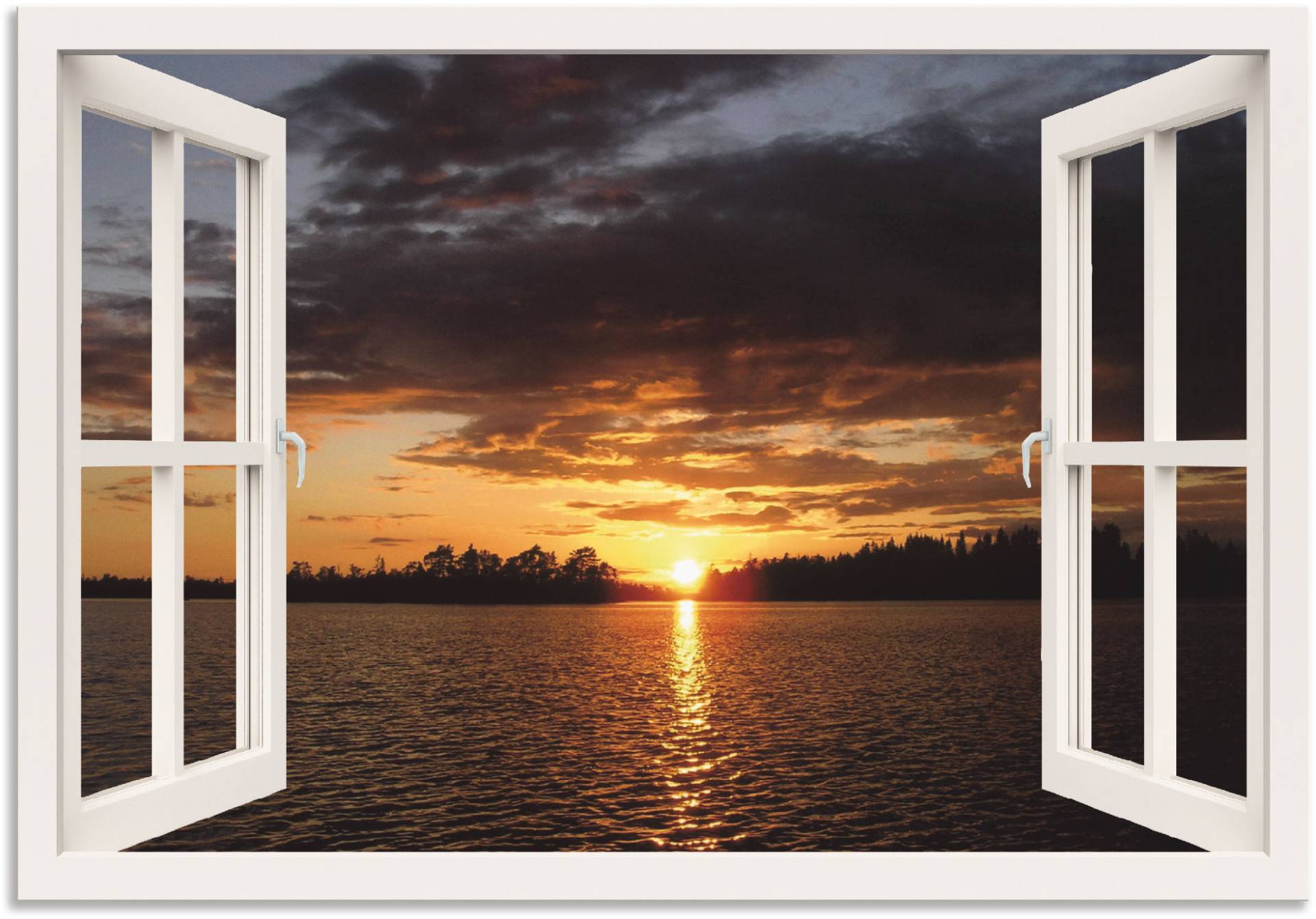 Artland Leinwandbild »Sonnenuntergang am See, weisses Fenster«, Seebilder, (1 St.), auf Keilrahmen gespannt von Artland