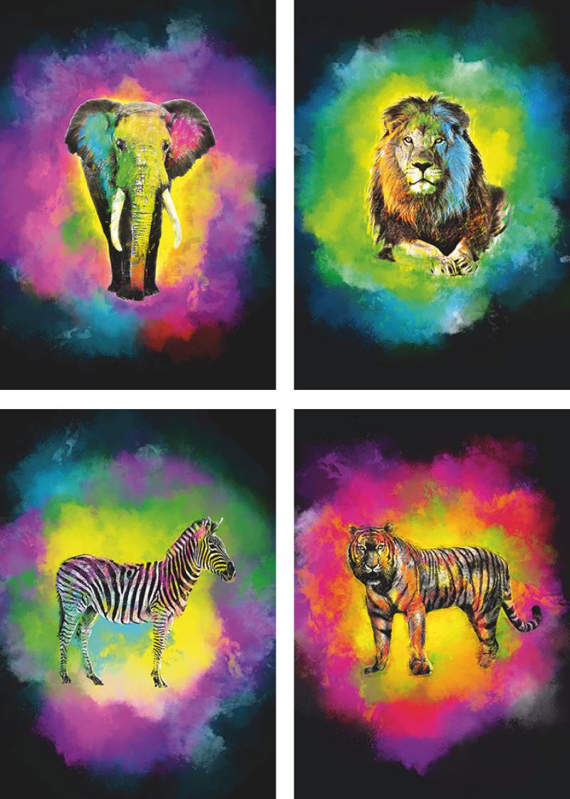 Artland Poster »Farbexplosion Elefant Löwe Zebra Tiger«, Wildtiere, (4 St.), Poster, Wandbild, Bild, Wandposter von Artland