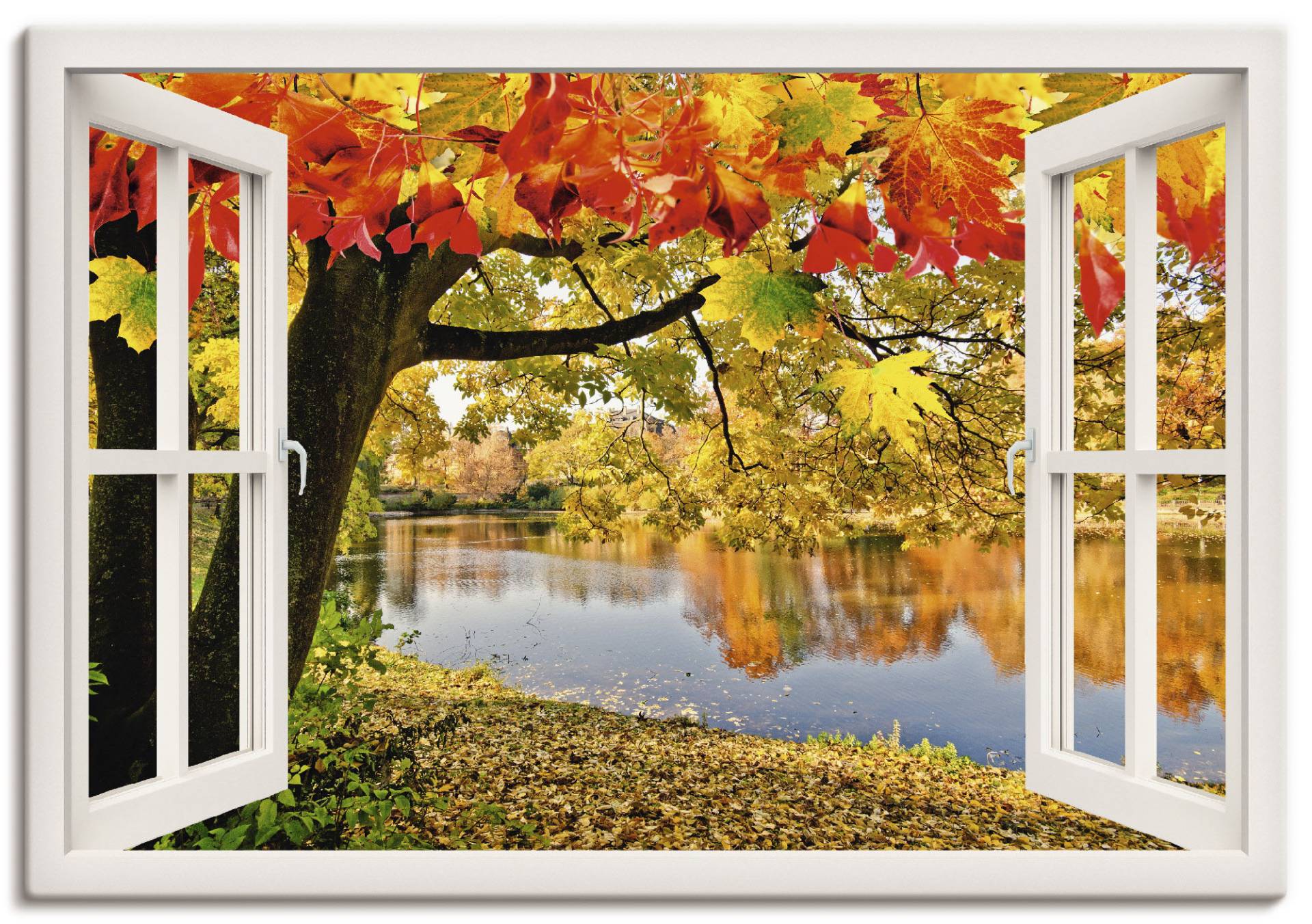 Artland Poster »Fensterblick Herbsttag an einem See«, Gewässer, (1 St.), als Alubild, Leinwandbild, Wandaufkleber oder Poster in versch. Grössen von Artland