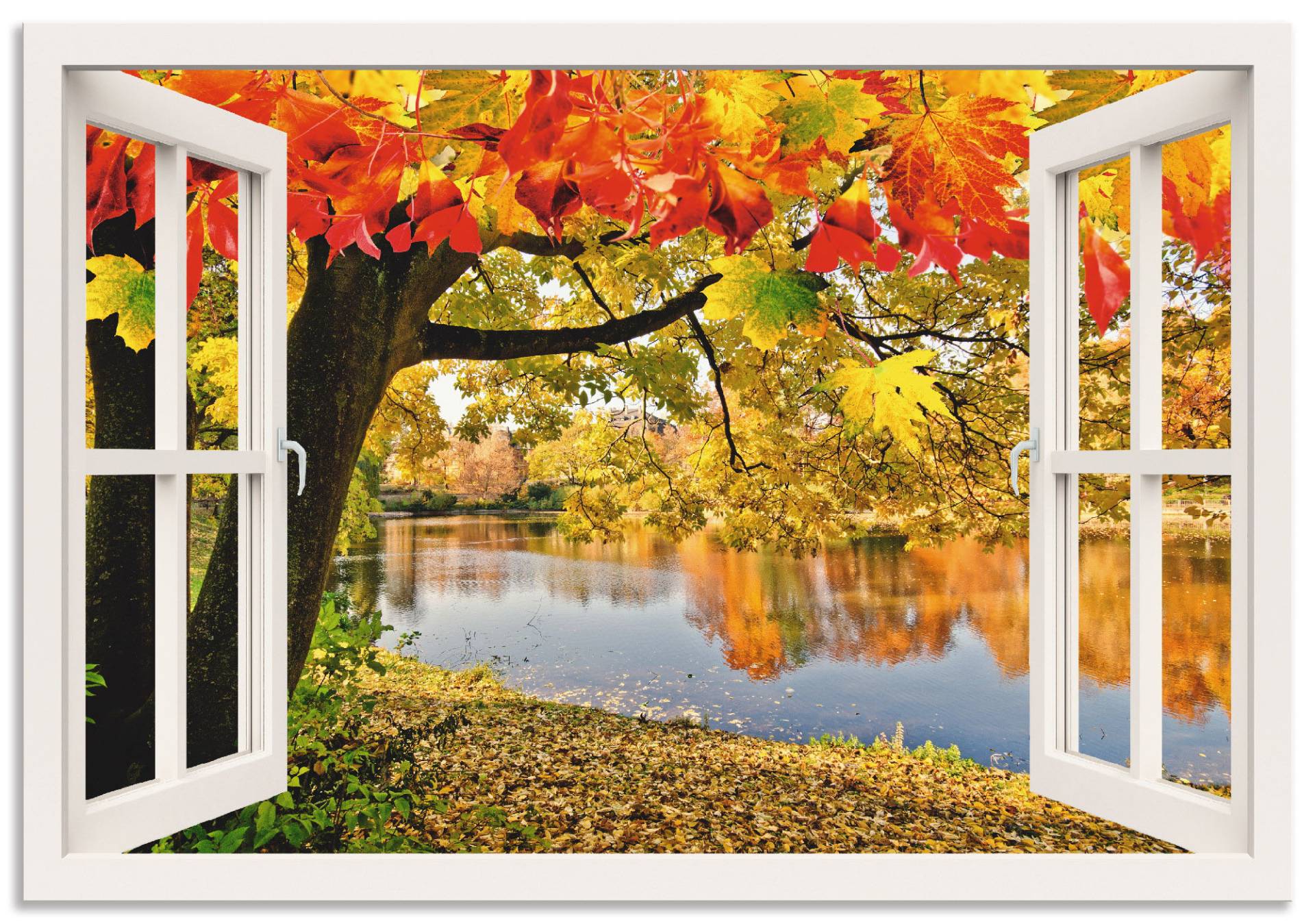 Artland Poster »Fensterblick Herbsttag an einem See«, Gewässer, (1 St.), als Alubild, Leinwandbild, Wandaufkleber oder Poster in versch. Grössen von Artland