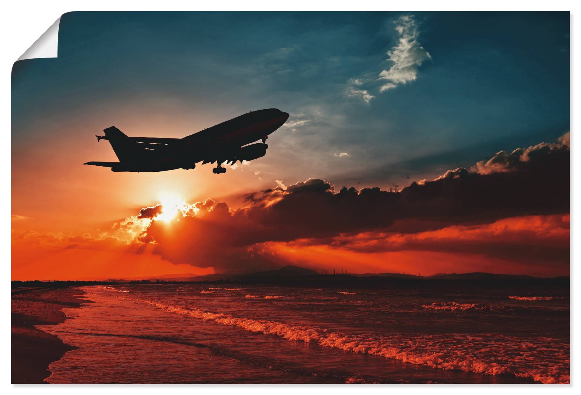 Artland Poster »Startendes Linienflugzeug am Abendhimmel«, Flugzeuge & Helikopter, (1 St.), als Alubild, Leinwandbild, Wandaufkleber oder Poster in versch. Grössen von Artland