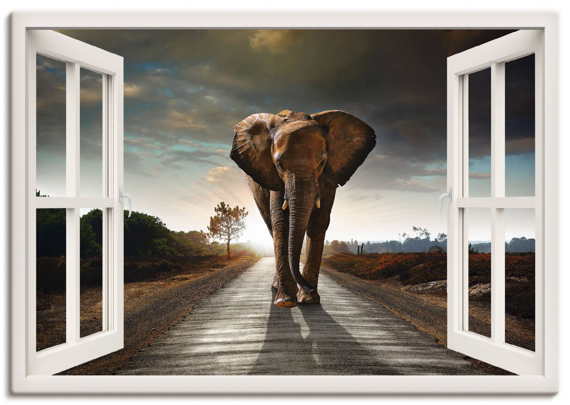 Artland Wandbild »Elefant auf Strasse«, Fensterblick, (1 St.), als Leinwandbild, Poster in verschied. Grössen von Artland