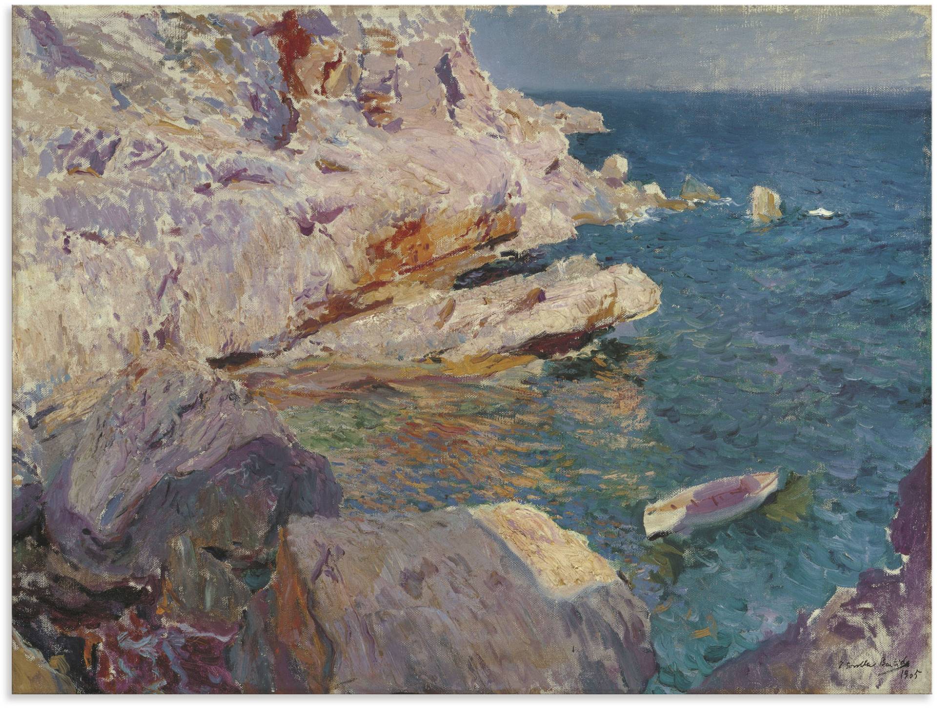 Artland Wandbild »Felsen von Jávea mit weissem Boot. 1905«, Felsen, (1 St.), als Alubild, Leinwandbild, Wandaufkleber oder Poster in versch. Grössen von Artland