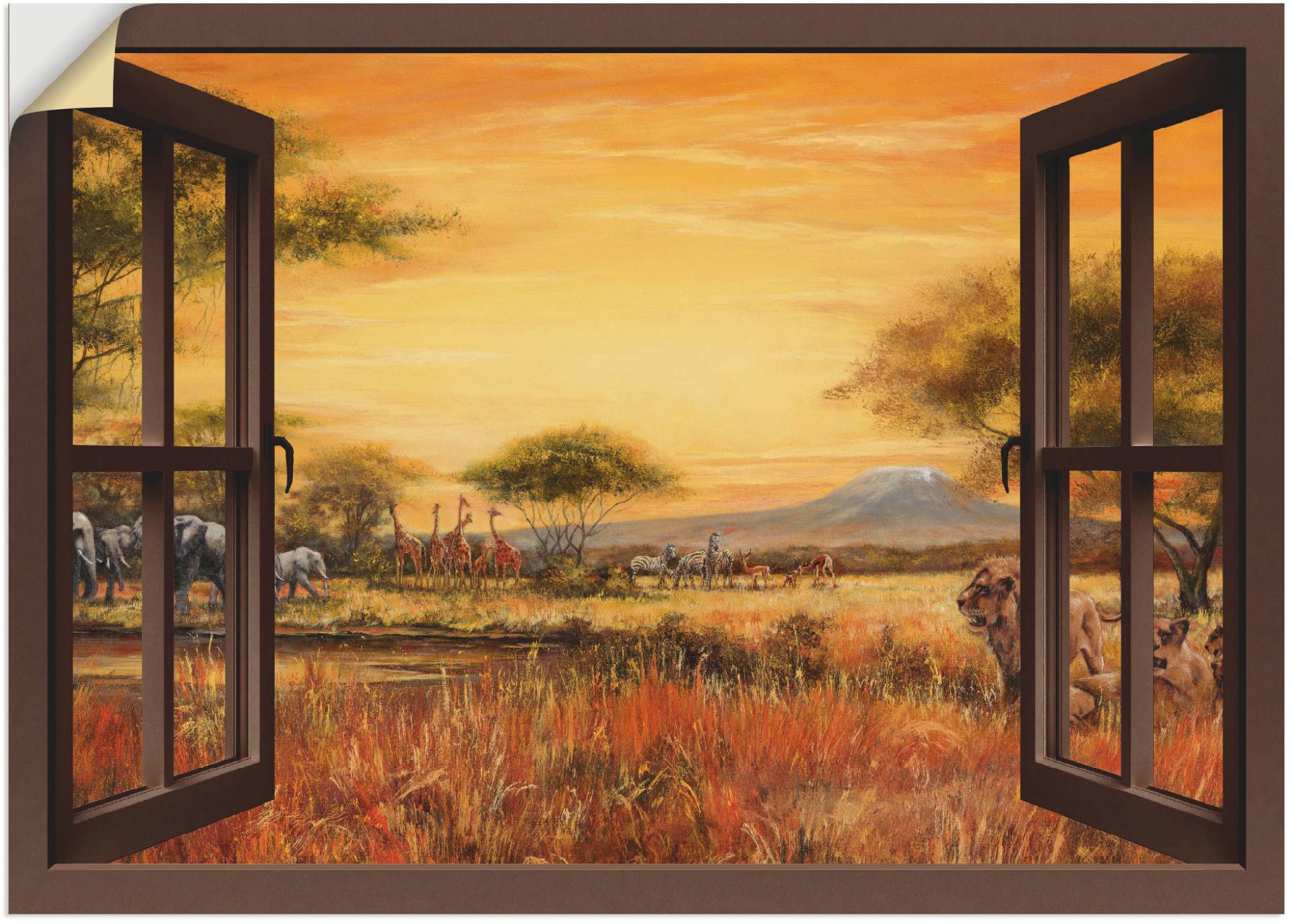 Artland Wandbild »Fensterblick Afrikanische Steppe Löwen«, Fensterblick, (1 St.), als Leinwandbild, Wandaufkleber in verschied. Grössen von Artland