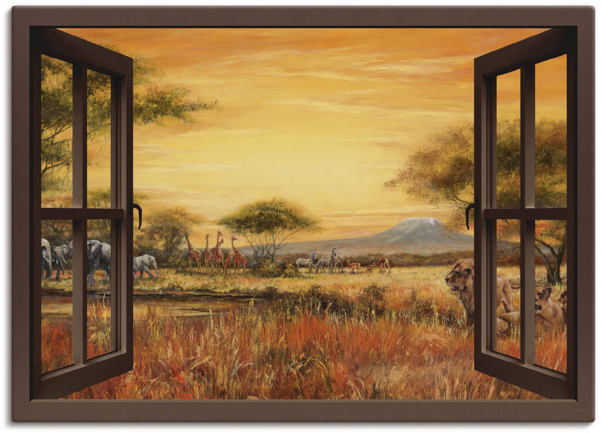 Artland Wandbild »Fensterblick Afrikanische Steppe Löwen«, Fensterblick, (1 St.), als Leinwandbild, Wandaufkleber in verschied. Grössen von Artland