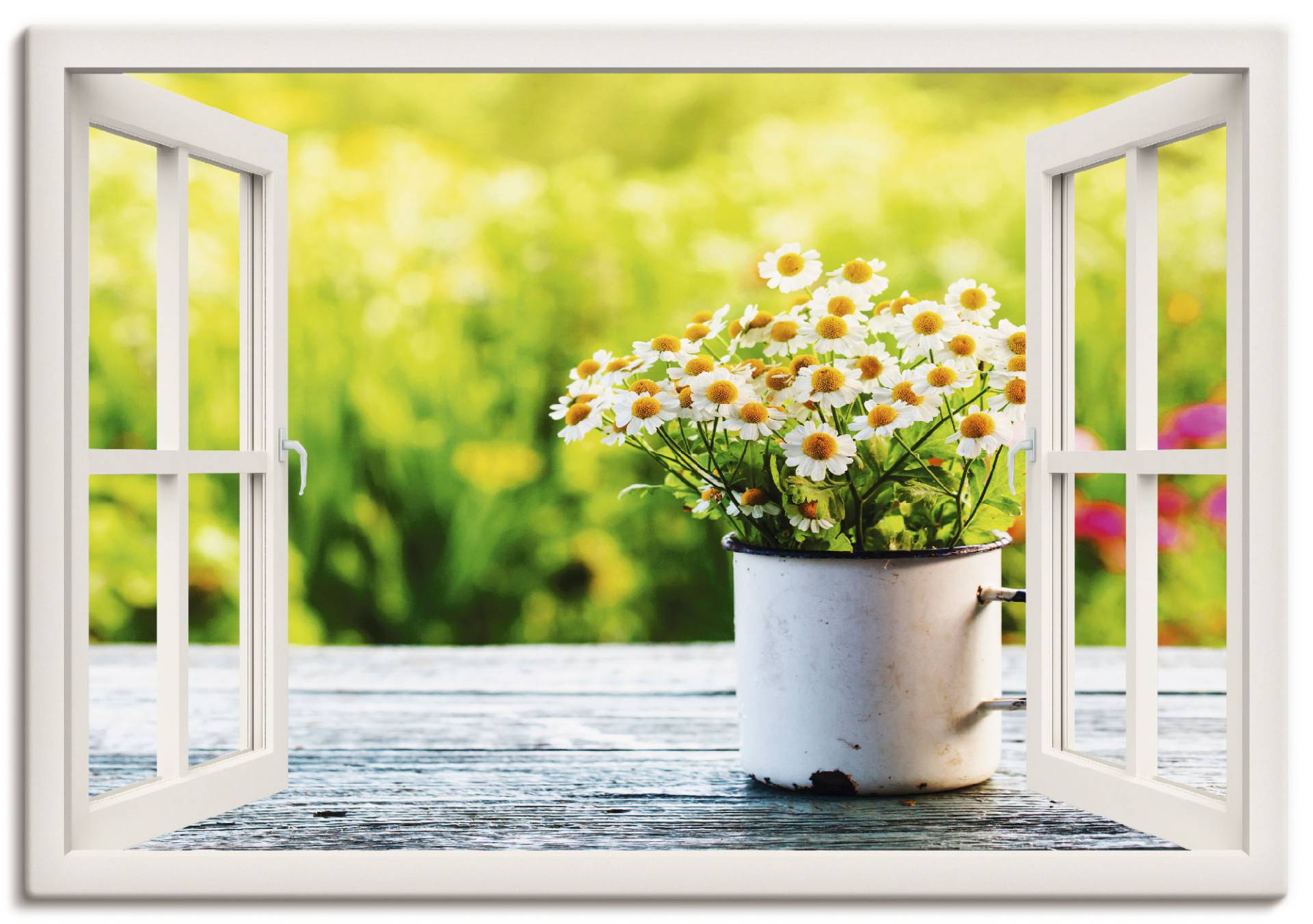Artland Wandbild »Fensterblick Garten mit Gänseblümchen«, Blumen, (1 St.), als Alubild, Outdoorbild, Leinwandbild, Wandaufkleber, versch. Grössen von Artland
