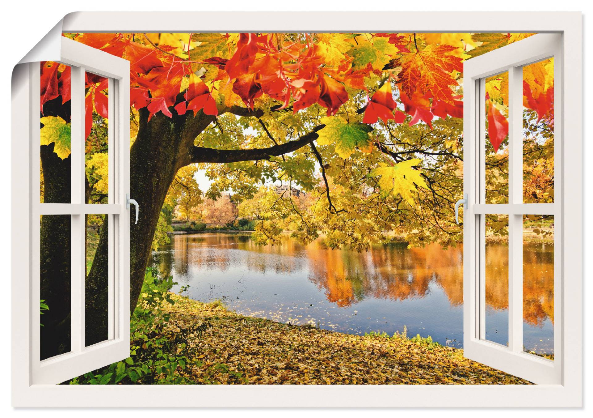 Artland Poster »Fensterblick Herbsttag an einem See«, Gewässer, (1 St.), als Alubild, Leinwandbild, Wandaufkleber oder Poster in versch. Grössen von Artland