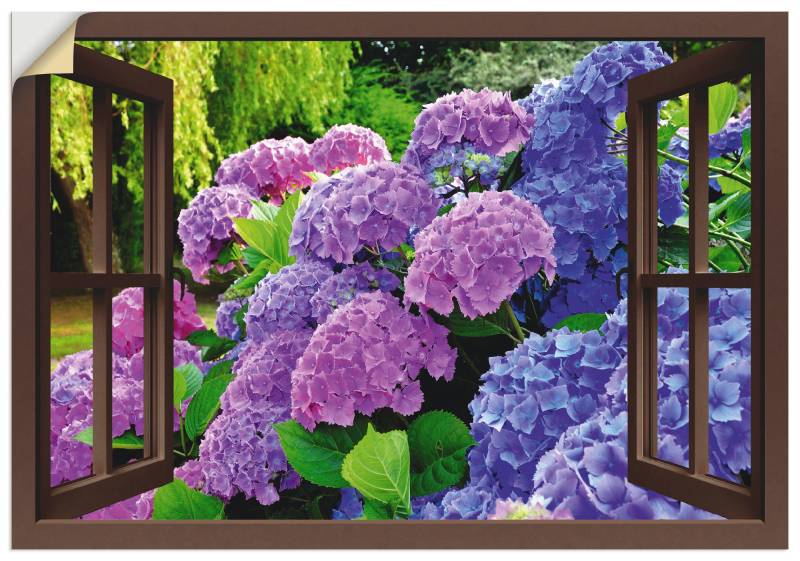 Artland Wandbild »Fensterblick - Hortensien im Garten«, Blumen, (1 St.), als Leinwandbild, Poster in verschied. Grössen von Artland