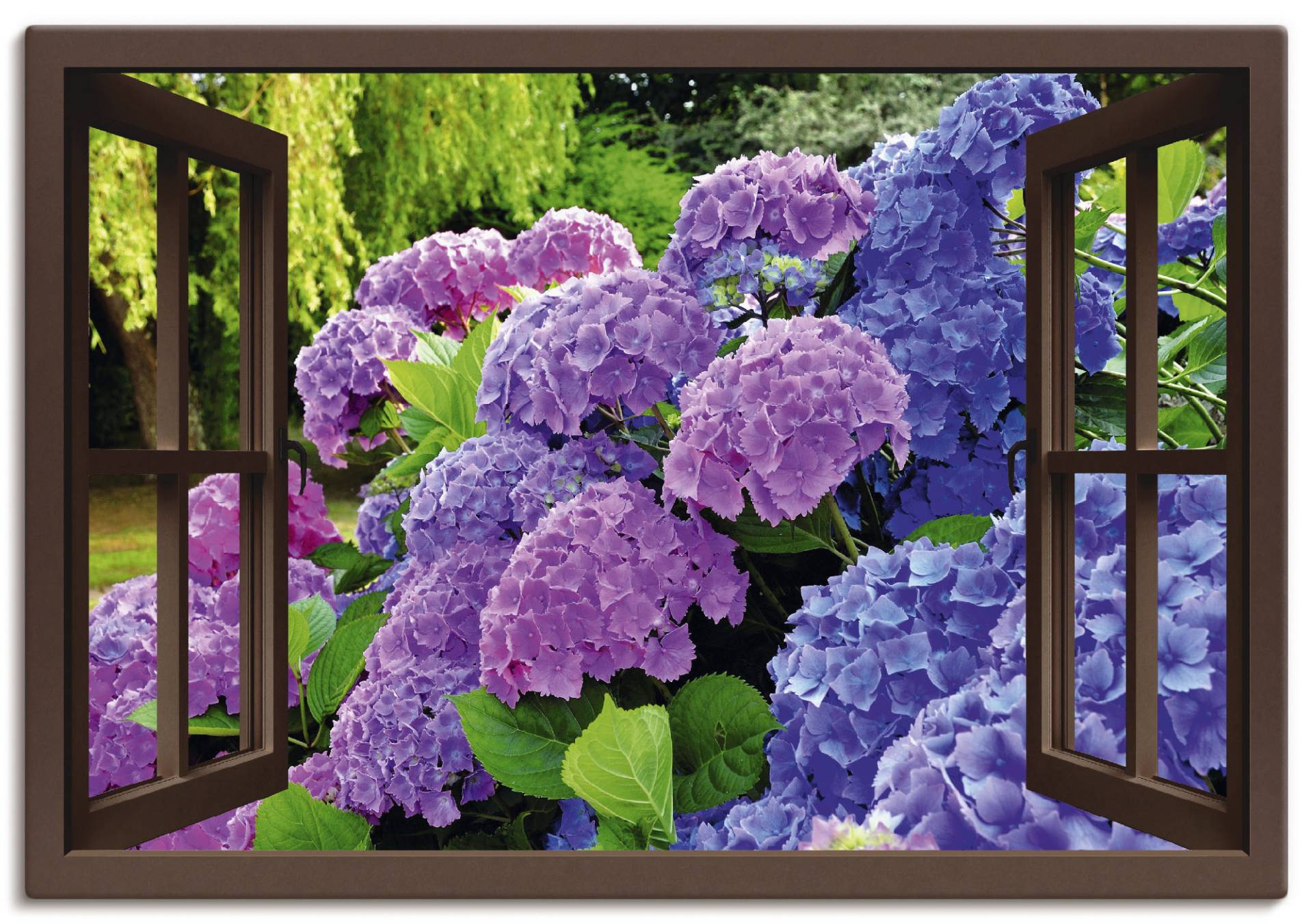 Artland Wandbild »Fensterblick - Hortensien im Garten«, Blumen, (1 St.), als Leinwandbild, Poster in verschied. Grössen von Artland