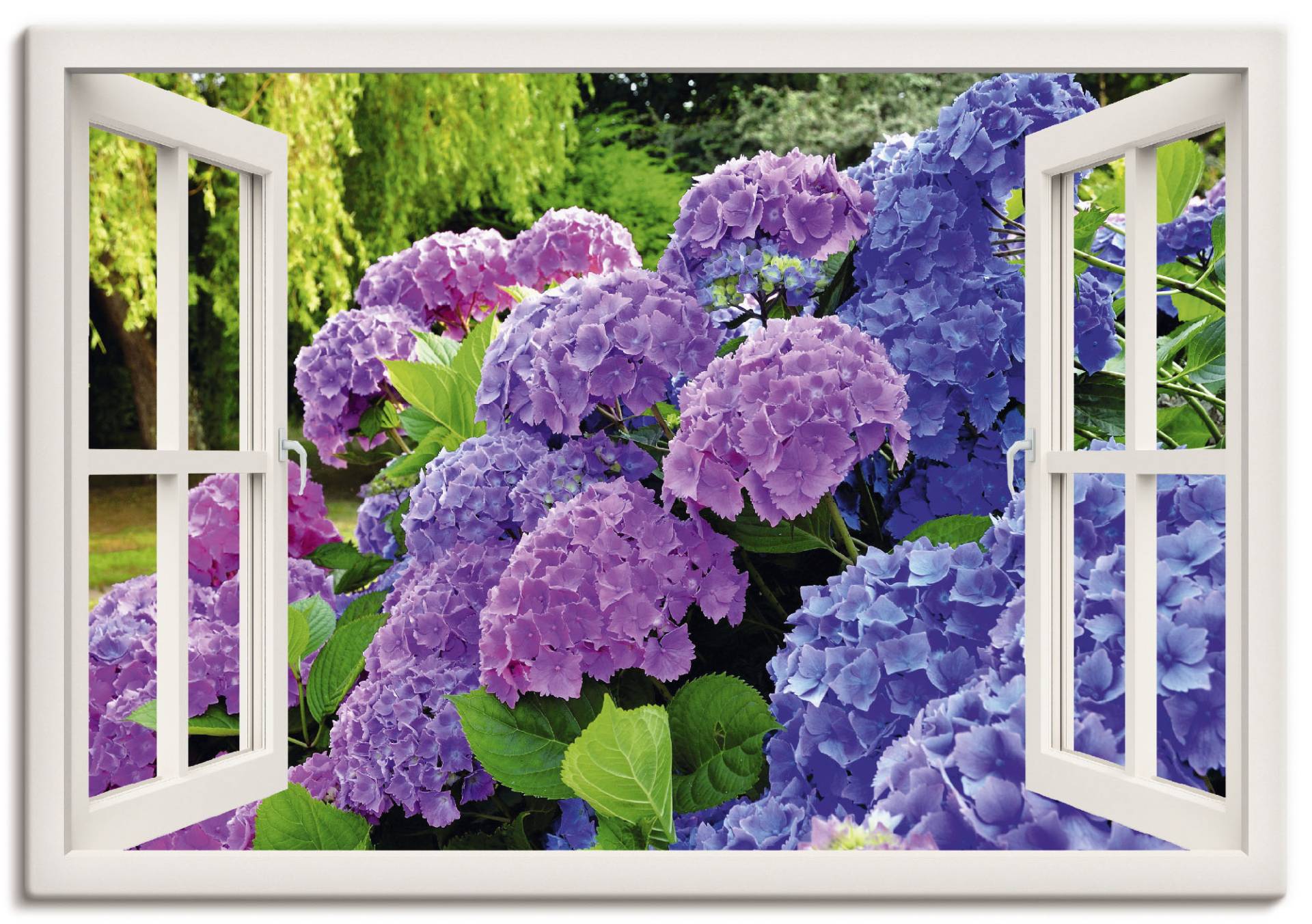 Artland Wandbild »Fensterblick Hortensien im Garten«, Blumen, (1 St.), als Leinwandbild, Poster in verschied. Grössen von Artland