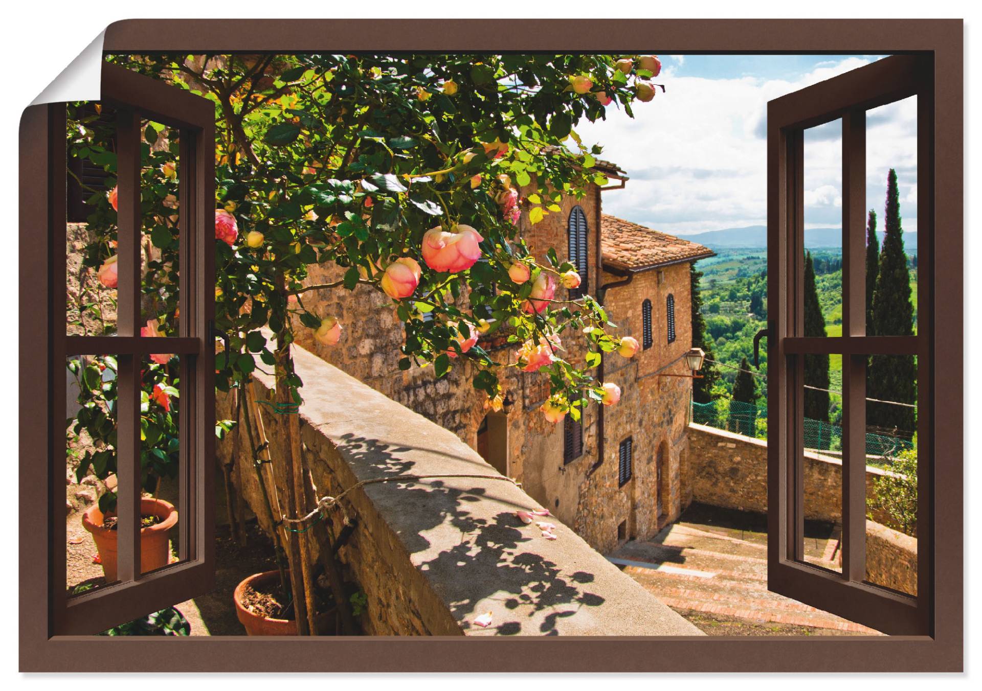 Artland Wandbild »Fensterblick Rosen auf Balkon Toskana«, Garten, (1 St.), als Alubild, Outdoorbild, Leinwandbild, Poster, Wandaufkleber von Artland